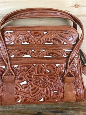 VTG Mexican Hand Tooled Leather Hand Bag Purse Aztec Mayan Stamped VGUC